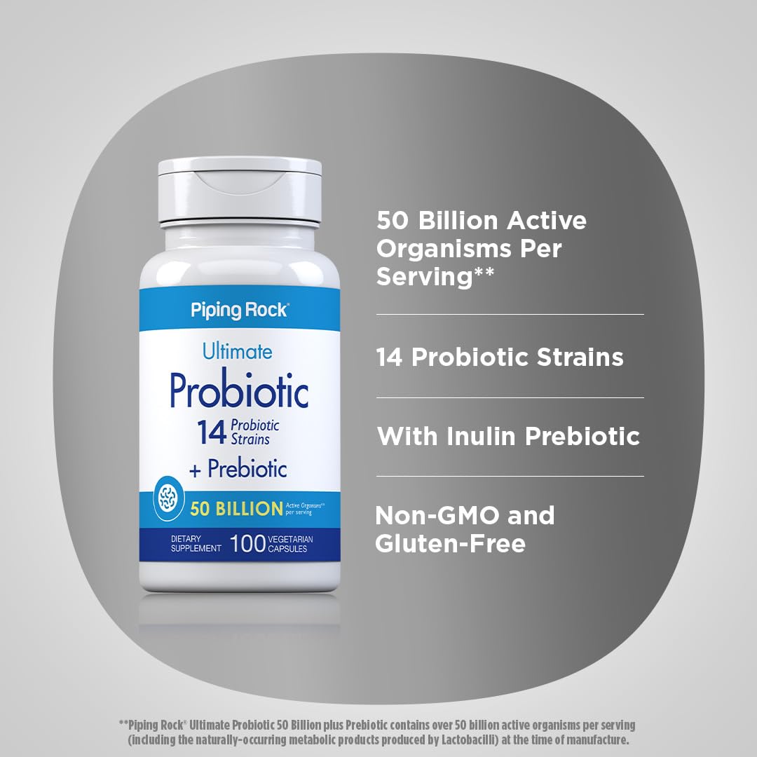 Piping Rock Probiotic and Prebiotic for Women and Men | 50 Billion CFU | 100 Capsules | Ultimate 14 Strain Supplement | Vegetarian, Non-GMO, Gluten Free - Maple Wellness Supplements