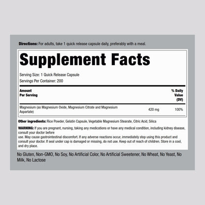 Piping Rock Triple Magnesium Complex | 420 mg | 200 Capsules | Magnesium Oxide, Citrate, and Aspartate Supplement | Non-GMO, Gluten Free - Maple Wellness Supplements