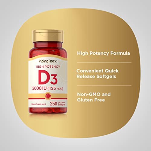 Piping Rock Vitamin D3 5000 IU | 250 Softgels | High Potency Supplement | Non-GMO - Maple Wellness Supplements