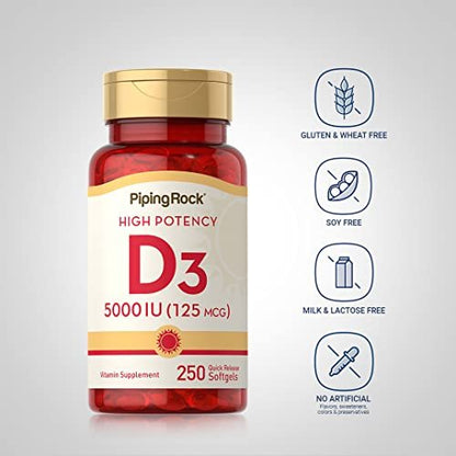 Piping Rock Vitamin D3 5000 IU | 250 Softgels | High Potency Supplement | Non-GMO - Maple Wellness Supplements