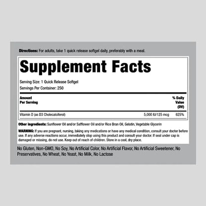 Piping Rock Vitamin D3 5000 IU | 250 Softgels | High Potency Supplement | Non-GMO - Maple Wellness Supplements