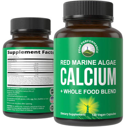 Plant Based Calcium - Red Marine Algae Calcium Supplement with Vitamin C, D3, K, Magnesium, and Whole Food Vegetable Blend. Vegan Capsules for Bones and Joints. 120 Pills, Tablets - Maple Wellness Supplements