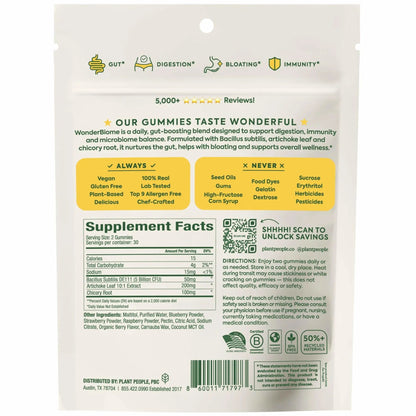 Plant People WonderBiome 2-in-1 Prebiotic + Probiotic Gummies – Zero-Sugar Vegan Digestive Health & Bloating Relief – 5 Billion CFU Bacillus Subtilis DE111 + Artichoke & Chicory – 60 Count - Maple Wellness Supplements