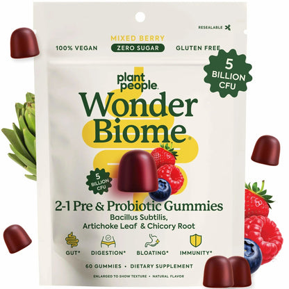 Plant People WonderBiome 2-in-1 Prebiotic + Probiotic Gummies – Zero-Sugar Vegan Digestive Health & Bloating Relief – 5 Billion CFU Bacillus Subtilis DE111 + Artichoke & Chicory – 60 Count - Maple Wellness Supplements