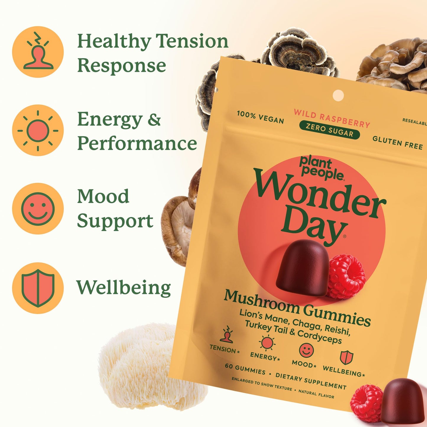 Plant People WonderDay Mushroom Gummies - Lion’s Mane, Cordyceps, Chaga Mushroom Supplement to Support Immune System De-Stress Boost Mood & Energy in Adults Natural - Maple Wellness Supplements