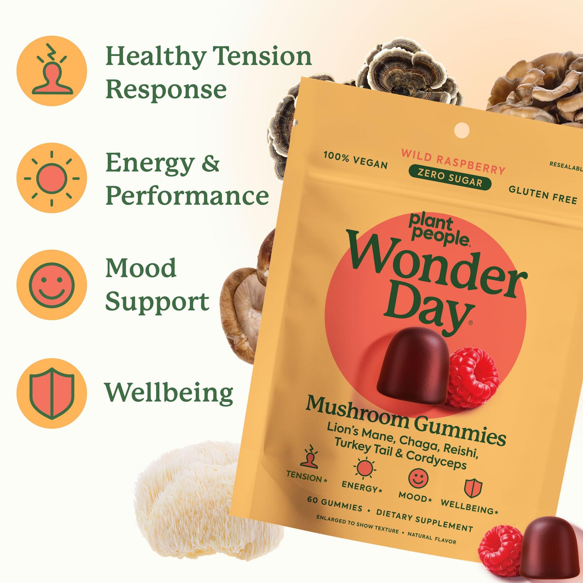 Plant People WonderDay Mushroom Gummies - Lion’s Mane, Cordyceps, Chaga Mushroom Supplement to Support Immune System De-Stress Boost Mood & Energy in Adults Natural - Maple Wellness Supplements