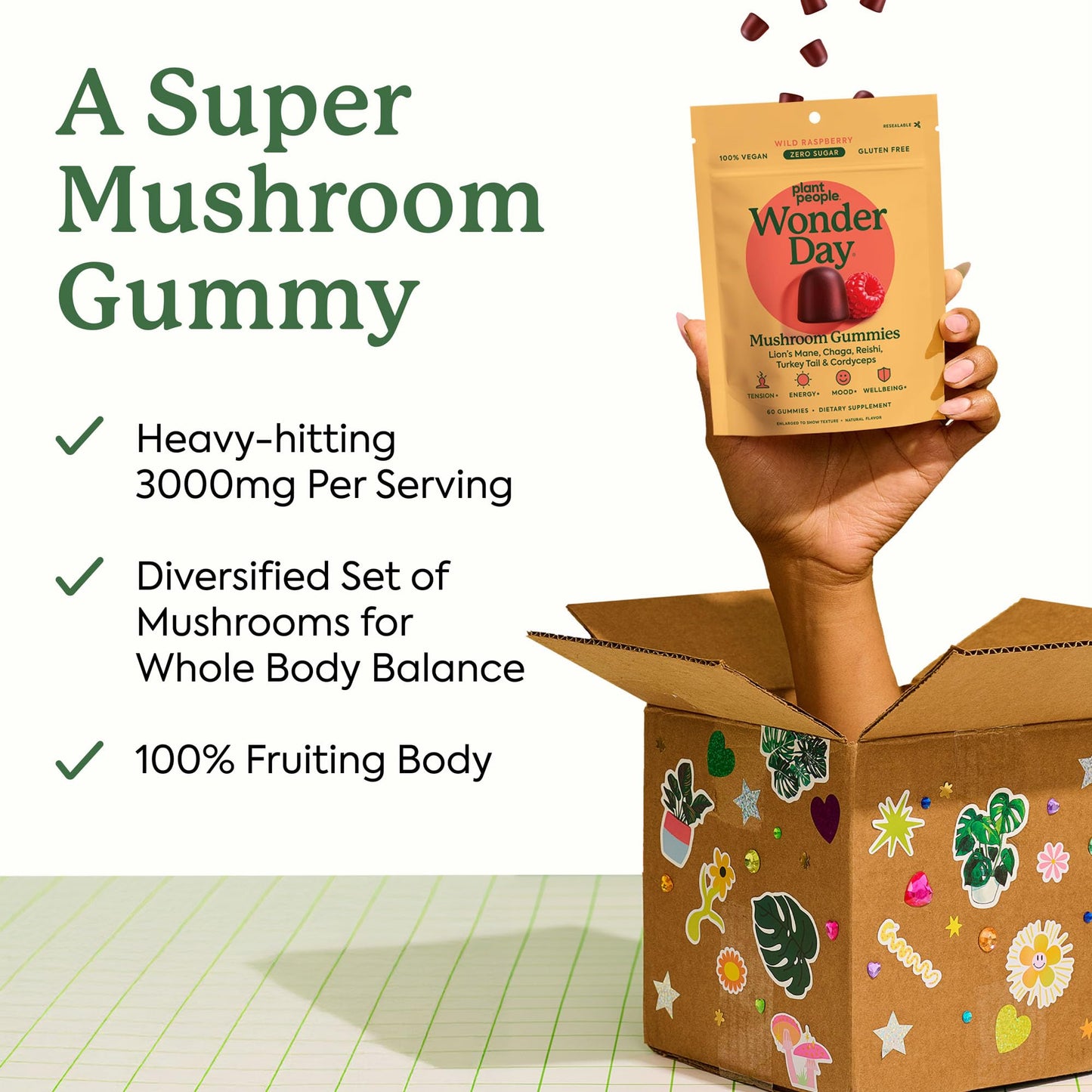 Plant People WonderDay Mushroom Gummies - Lion’s Mane, Cordyceps, Chaga Mushroom Supplement to Support Immune System De-Stress Boost Mood & Energy in Adults Natural - Maple Wellness Supplements