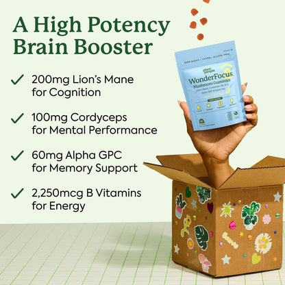 Plant People WonderFocus Mushroom Gummies with Lion’s Mane & Cordyceps - Nootropic Brain Supplement Boosts Memory, Focus, Energy & Mood in Adults | No Sugar, 100% Vegan, Citrus Flavor, 60 Count - Maple Wellness Supplements