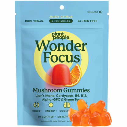 Plant People WonderFocus Mushroom Gummies with Lion’s Mane & Cordyceps - Nootropic Brain Supplement Boosts Memory, Focus, Energy & Mood in Adults | No Sugar, 100% Vegan, Citrus Flavor, 60 Count - Maple Wellness Supplements