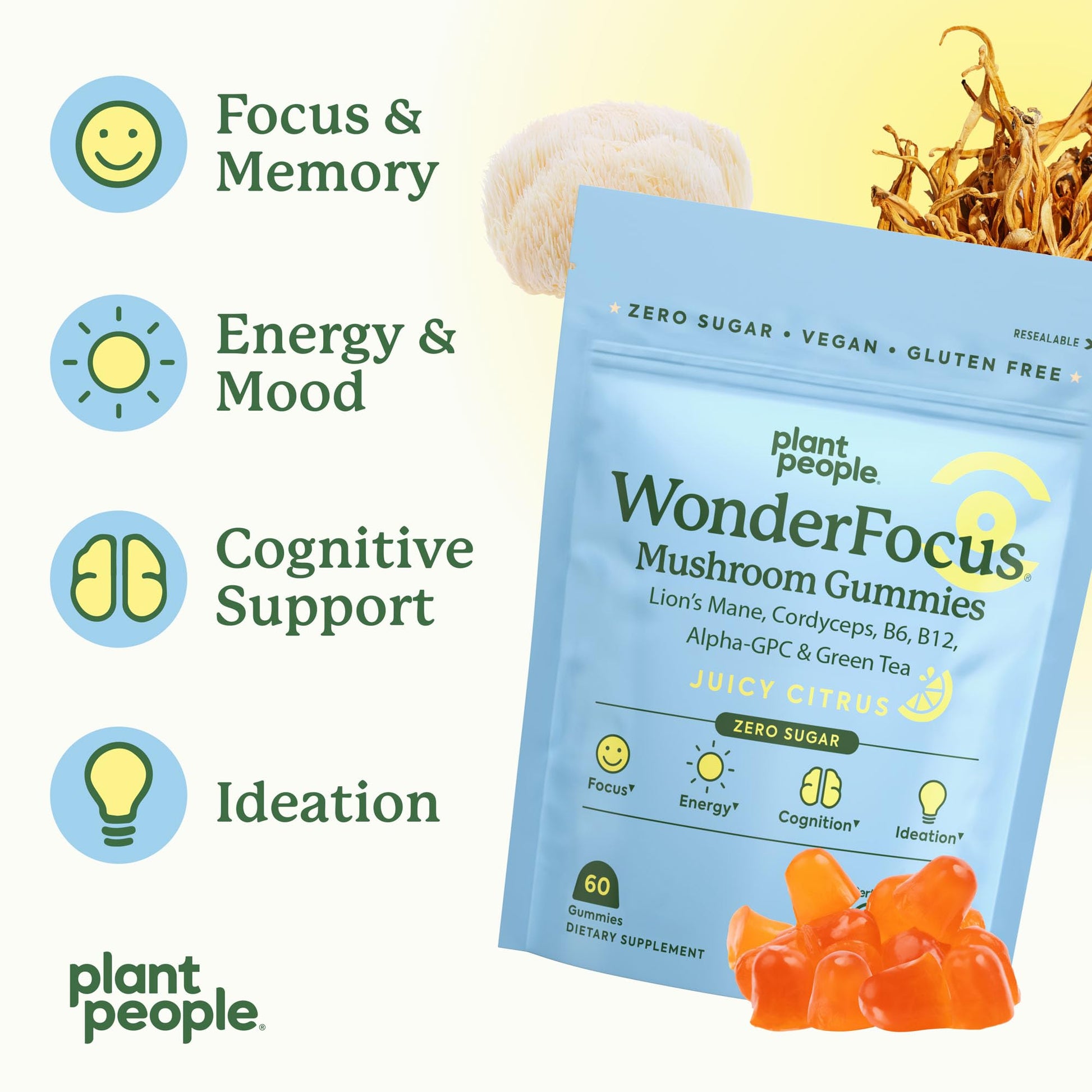 Plant People WonderFocus Mushroom Gummies with Lion’s Mane & Cordyceps - Nootropic Brain Supplement Boosts Memory, Focus, Energy & Mood in Adults | No Sugar, 100% Vegan, Citrus Flavor, 60 Count - Maple Wellness Supplements
