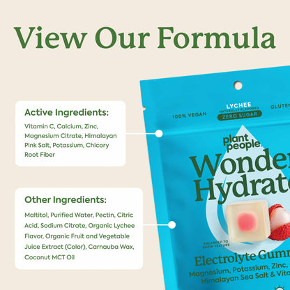 Plant People WonderHydrate Electrolyte Gummies – Vegan Hydration Supplement with Magnesium, Potassium, Zinc, Vitamin C & Himalayan Sea Salt – Zero Sugar Lychee (42 Count) - Maple Wellness Supplements