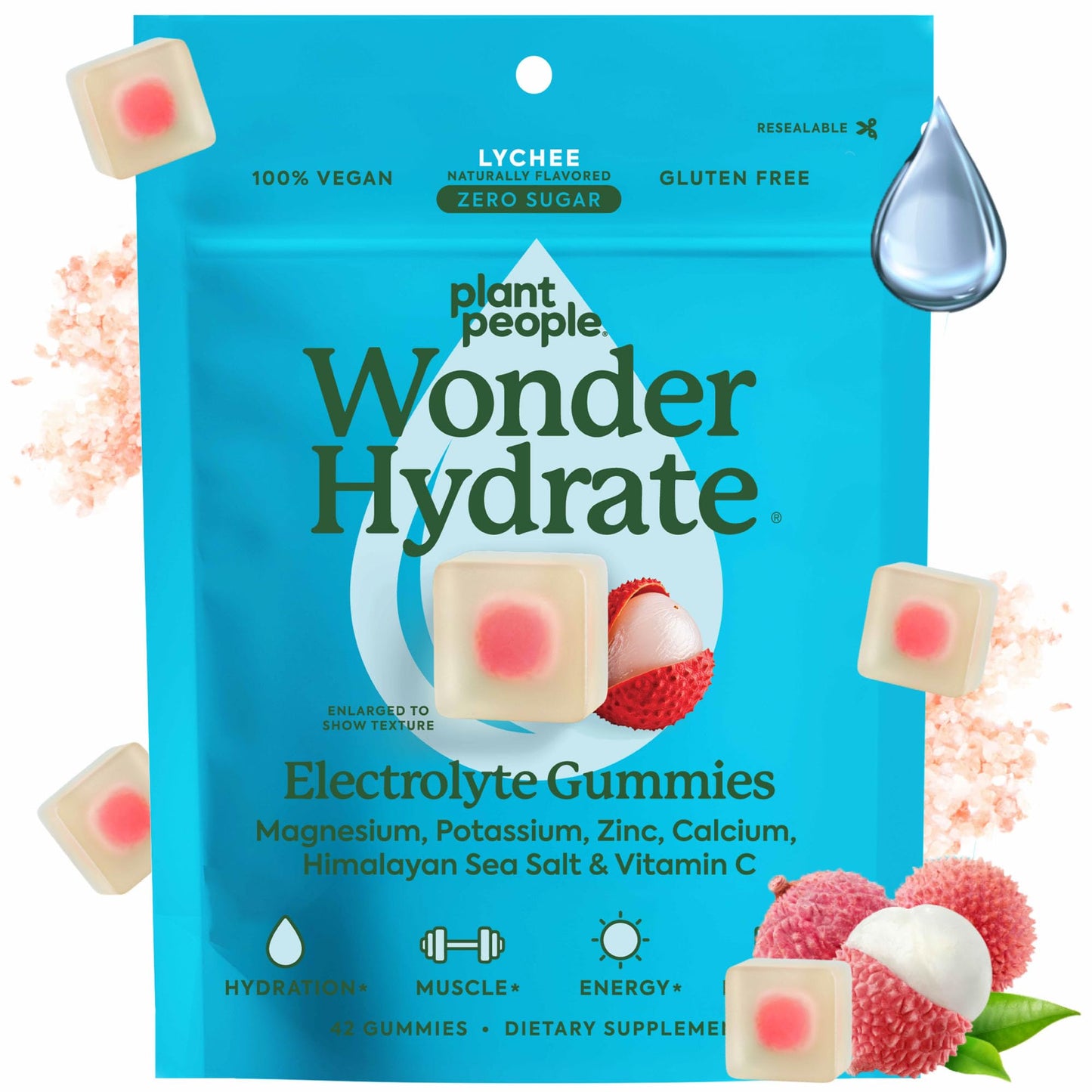 Plant People WonderHydrate Electrolyte Gummies – Vegan Hydration Supplement with Magnesium, Potassium, Zinc, Vitamin C & Himalayan Sea Salt – Zero Sugar Lychee (42 Count) - Maple Wellness Supplements