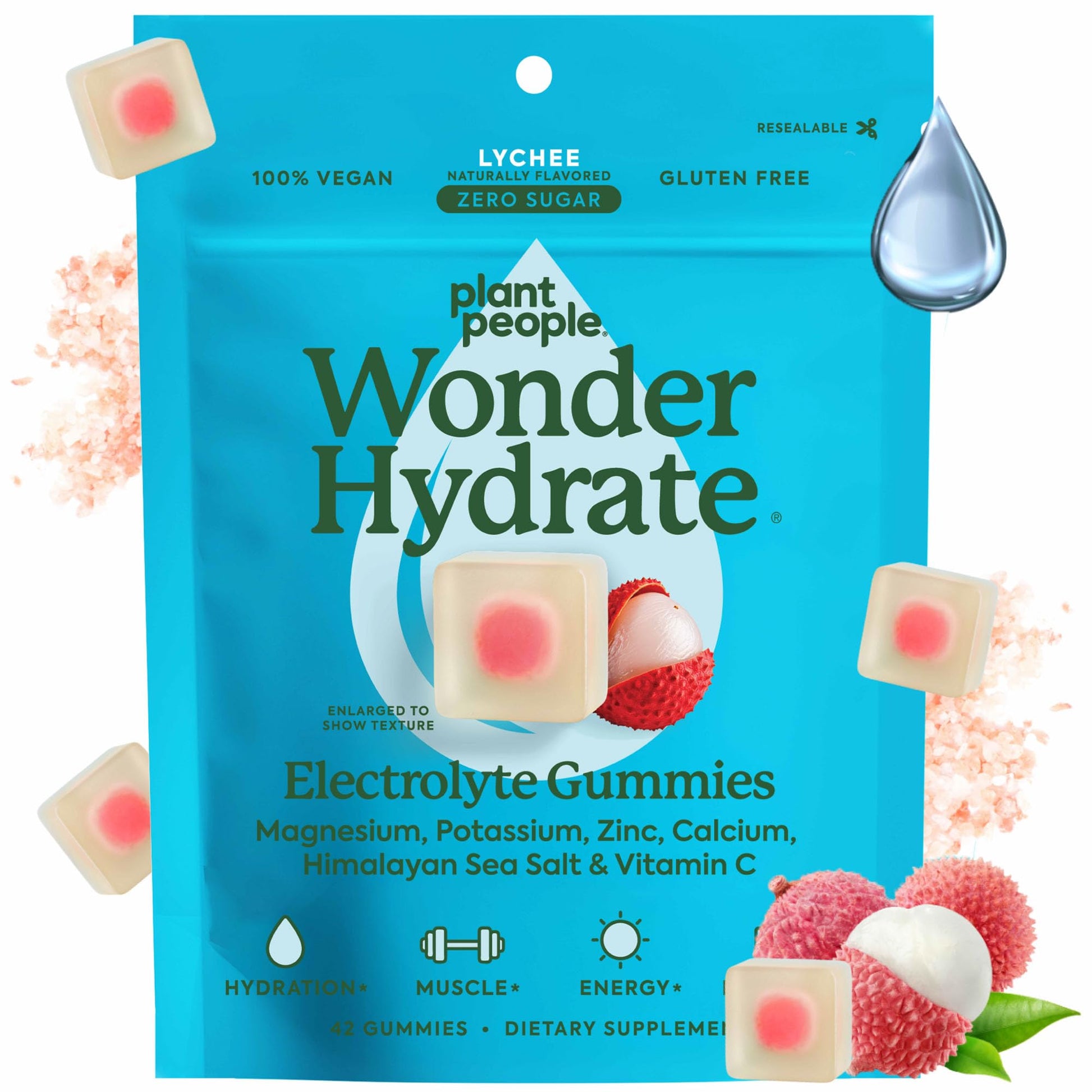 Plant People WonderHydrate Electrolyte Gummies – Vegan Hydration Supplement with Magnesium, Potassium, Zinc, Vitamin C & Himalayan Sea Salt – Zero Sugar Lychee (42 Count) - Maple Wellness Supplements