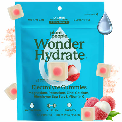 Plant People WonderHydrate Electrolyte Gummies – Vegan Hydration Supplement with Magnesium, Potassium, Zinc, Vitamin C & Himalayan Sea Salt – Zero Sugar Lychee (42 Count) - Maple Wellness Supplements