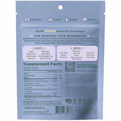 Plant People WonderSleep Mushroom Gummies Supplement for Sleep, No Melatonin with Reishi Super Mushrooms, Wild Elderberry Flavor, Sugar-Free (60 Count) - Maple Wellness Supplements