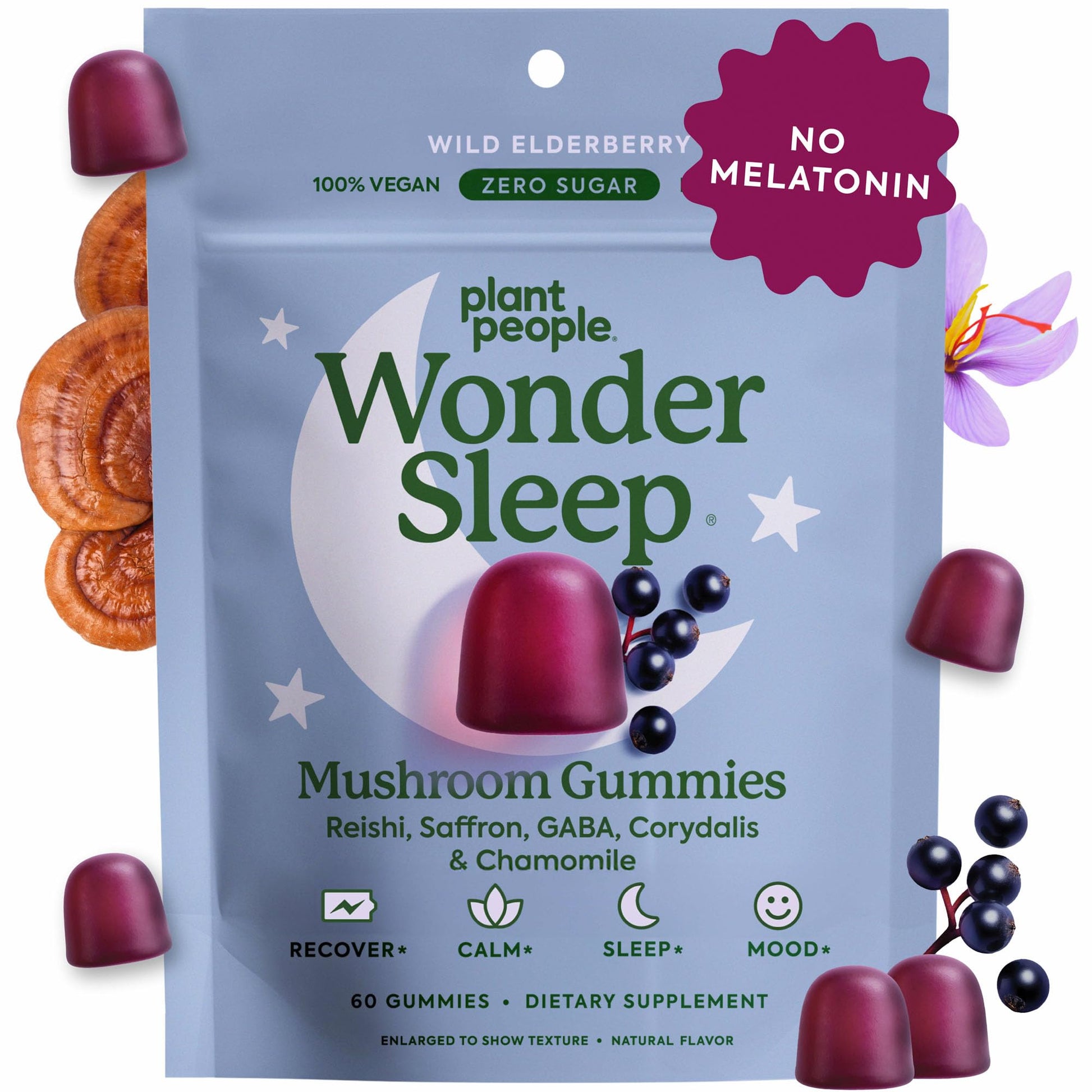 Plant People WonderSleep Mushroom Gummies Supplement for Sleep, No Melatonin with Reishi Super Mushrooms, Wild Elderberry Flavor, Sugar-Free (60 Count) - Maple Wellness Supplements
