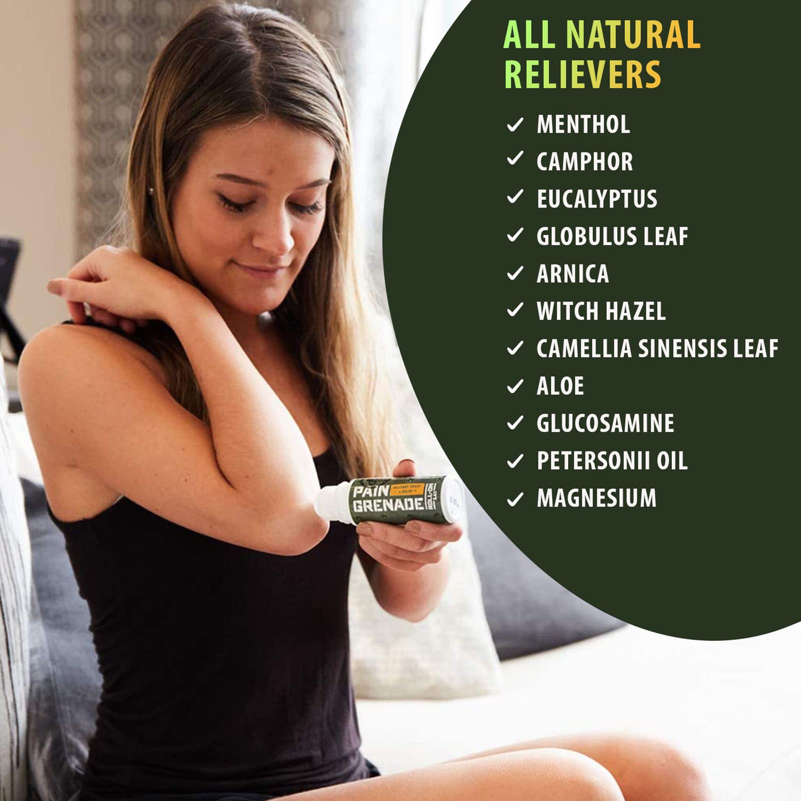Plant Powered Roll-On Gel by Pain Grenade - Cooling and Warming Gel with Arnica, Menthol, Camphor, Glucosamine, and Other All Natural Botanicals - 3 - Pack - Maple Wellness Supplements