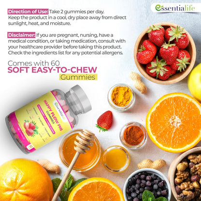 PMS Gummies - Happy Flow PMS Support Supplement for Women - Strawberry PMS Relief Supplement with Vitamin B6 for Hormone Balance, Period Support, Cramps, Hormonal Acne & Bloating Relief (60 Count) - Maple Wellness Supplements