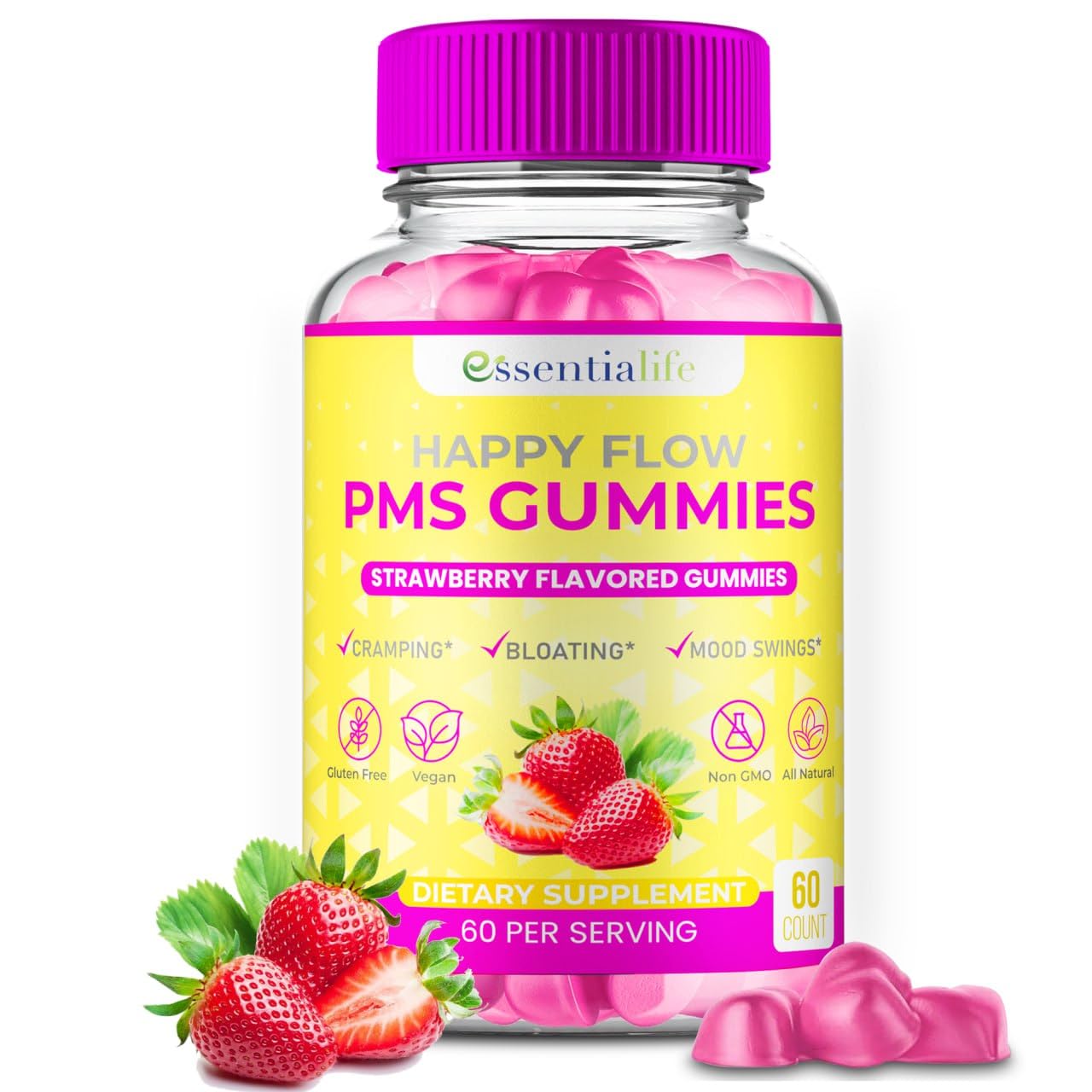 PMS Gummies - Happy Flow PMS Support Supplement for Women - Strawberry PMS Relief Supplement with Vitamin B6 for Hormone Balance, Period Support, Cramps, Hormonal Acne & Bloating Relief (60 Count) - Maple Wellness Supplements