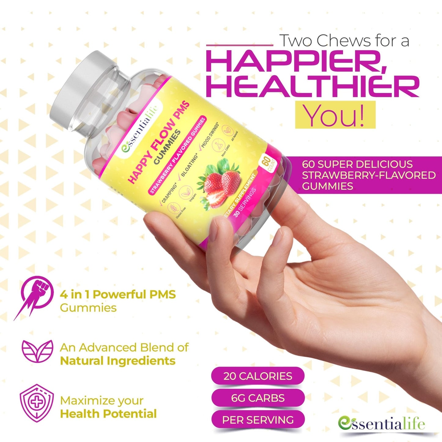 PMS Gummies - Happy Flow PMS Support Supplement for Women - Strawberry PMS Relief Supplement with Vitamin B6 for Hormone Balance, Period Support, Cramps, Hormonal Acne & Bloating Relief (60 Count) - Maple Wellness Supplements