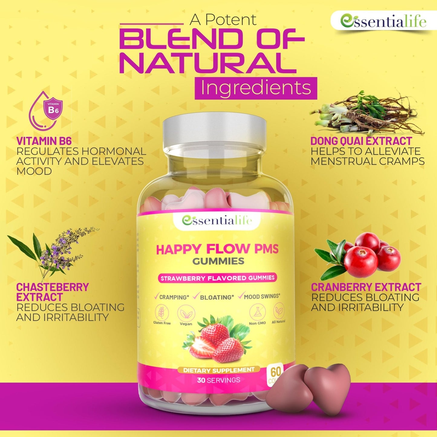 PMS Gummies - Happy Flow PMS Support Supplement for Women - Strawberry PMS Relief Supplement with Vitamin B6 for Hormone Balance, Period Support, Cramps, Hormonal Acne & Bloating Relief (60 Count) - Maple Wellness Supplements