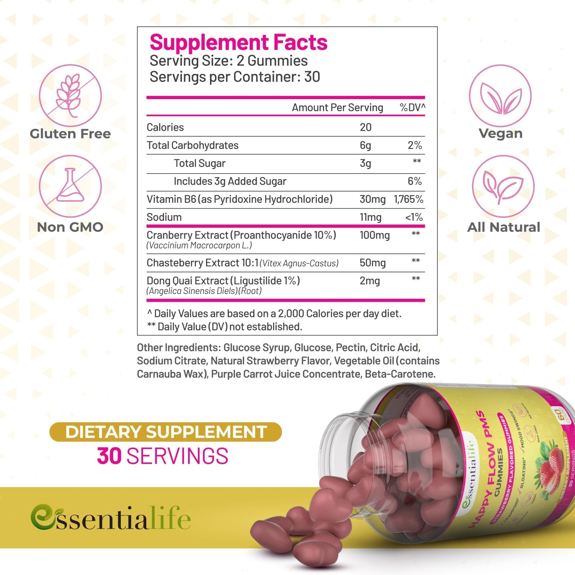 PMS Gummies - Happy Flow PMS Support Supplement for Women - Strawberry PMS Relief Supplement with Vitamin B6 for Hormone Balance, Period Support, Cramps, Hormonal Acne & Bloating Relief (60 Count) - Maple Wellness Supplements