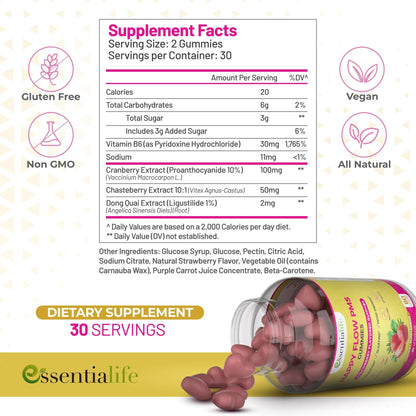 PMS Gummies - Happy Flow PMS Support Supplement for Women - Strawberry PMS Relief Supplement with Vitamin B6 for Hormone Balance, Period Support, Cramps, Hormonal Acne & Bloating Relief (60 Count) - Maple Wellness Supplements