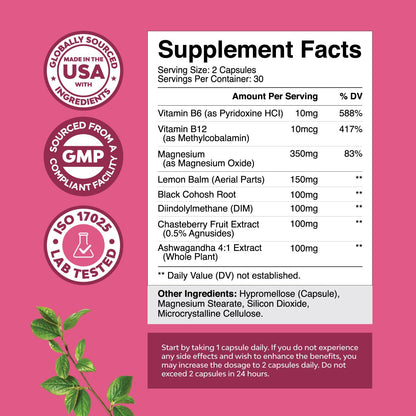 PMS Support Supplement for Women – Hormone Balance for Women & Menstrual Discomfort with DIM, Chasteberry, Black Cohosh & Ashwagandha - for Period Cramps Ease, Menopause Bloating, Mood Swing – 60 Ct - Maple Wellness Supplements
