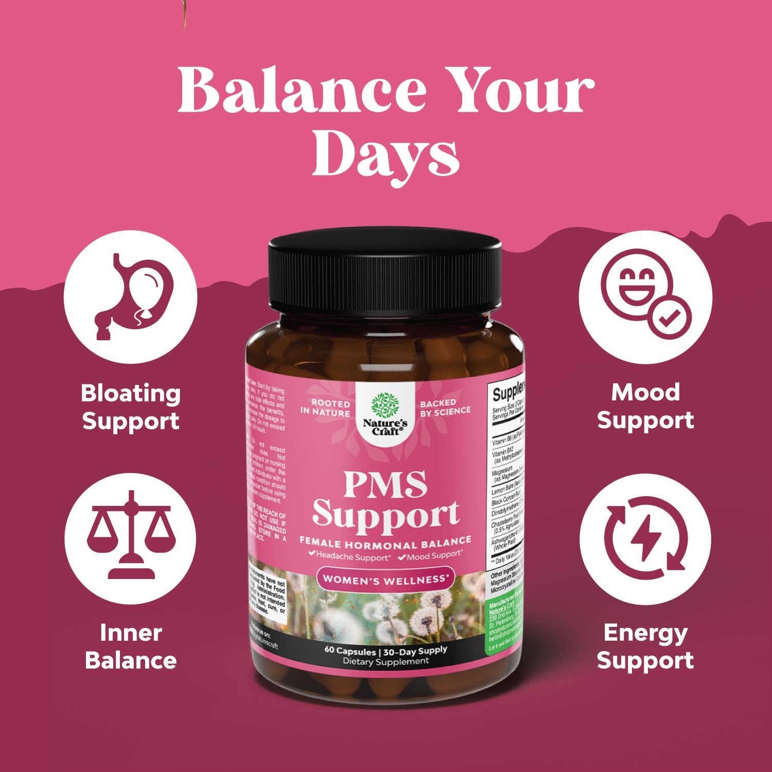 PMS Support Supplement for Women – Hormone Balance for Women & Menstrual Discomfort with DIM, Chasteberry, Black Cohosh & Ashwagandha - for Period Cramps Ease, Menopause Bloating, Mood Swing – 60 Ct - Maple Wellness Supplements
