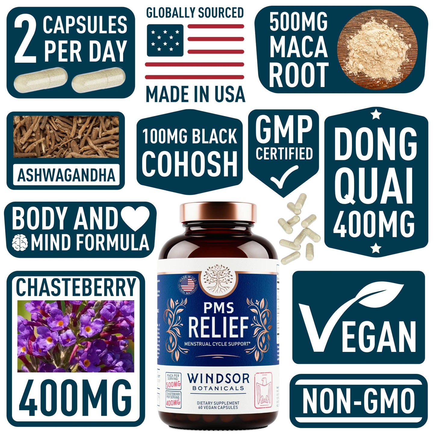 PMS Support Supplement for Women with Chasteberry, Maca Root, Ashwagandha - Period Relief, Bloating Relief for Women, Mood Support, Hormone Balance Herbal Supplements - 30 Day, 60 Vegan Capsules - Maple Wellness Supplements