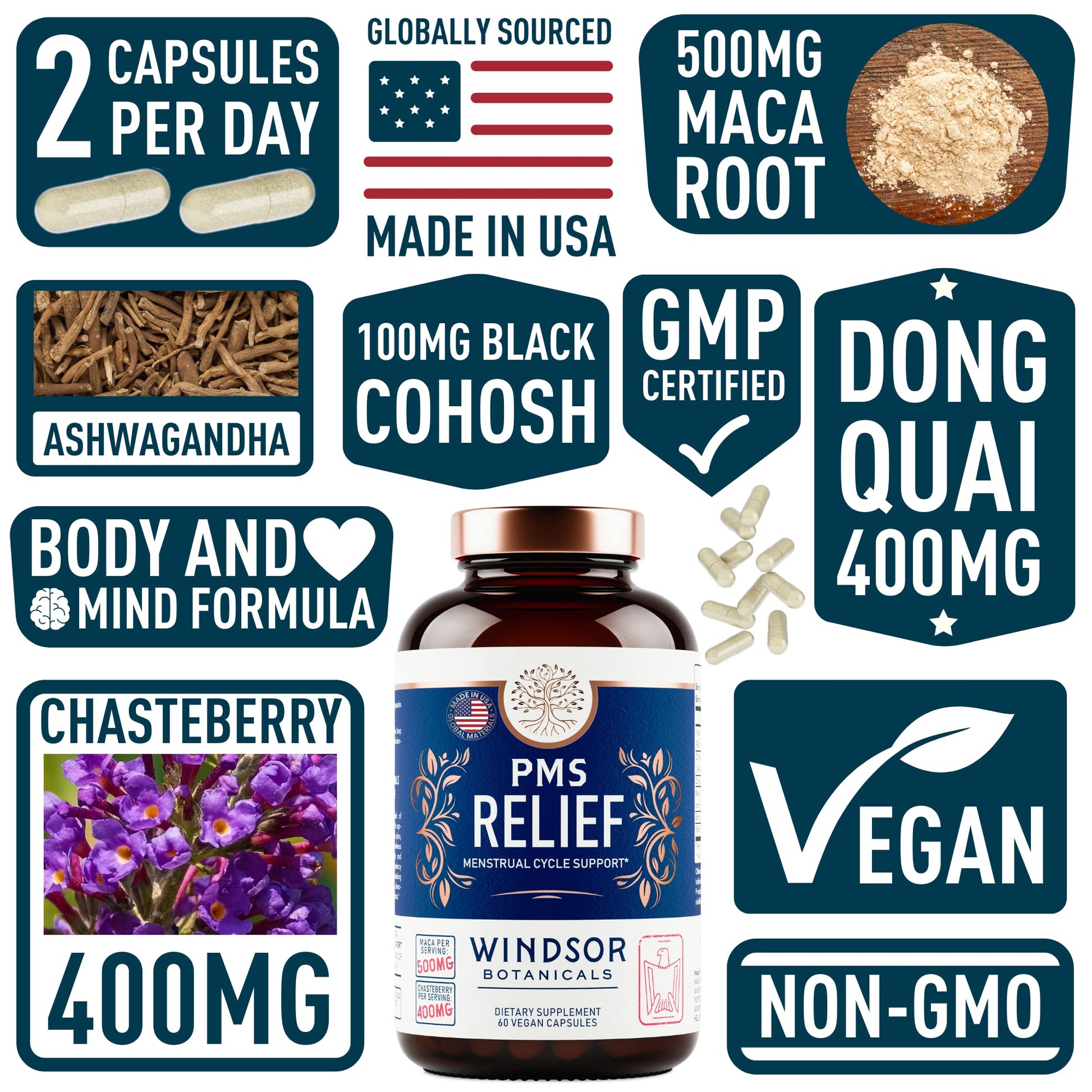 PMS Support Supplement for Women with Chasteberry, Maca Root, Ashwagandha - Period Relief, Bloating Relief for Women, Mood Support, Hormone Balance Herbal Supplements - 30 Day, 60 Vegan Capsules - Maple Wellness Supplements