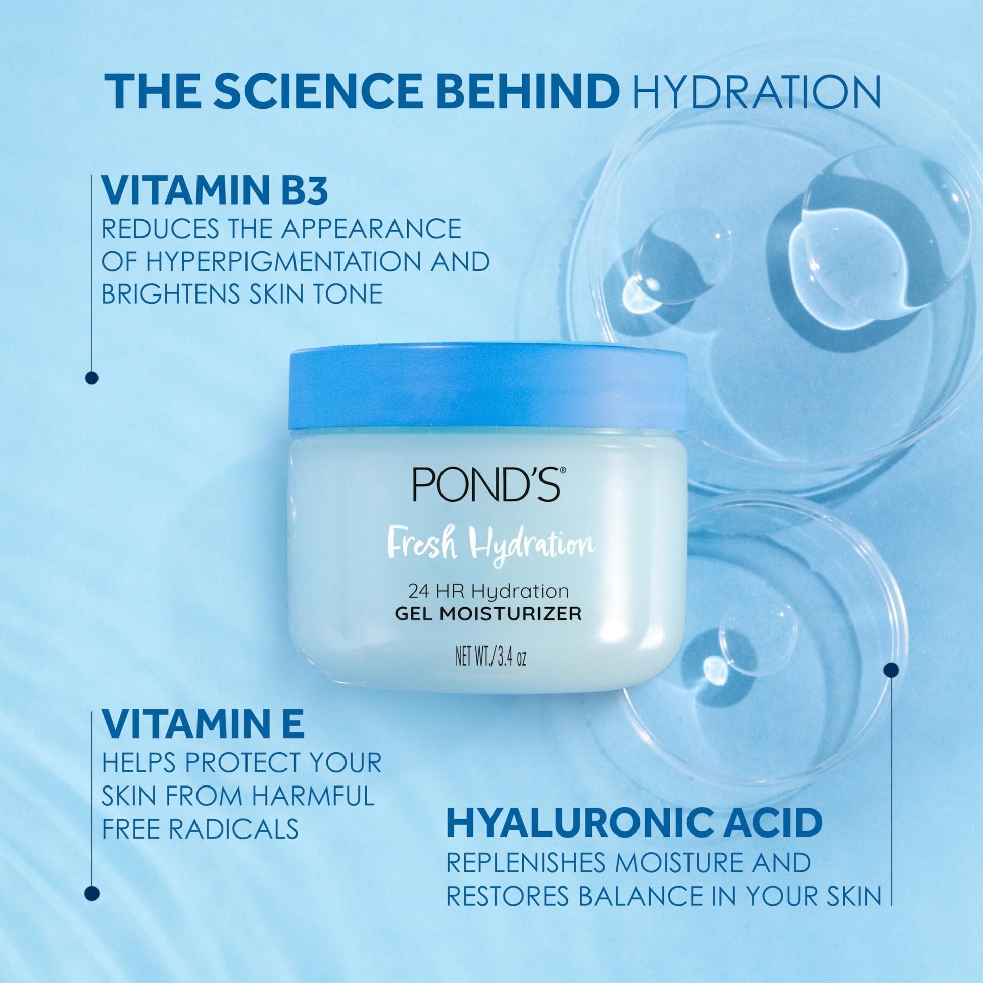 POND’S Fresh Hydration Gel Moisturizer – 24 HR Hydration with Vitamin E, Hyaluronic Acid & Vitamin B3 – Alcohol & Oil - Maple Wellness Supplements