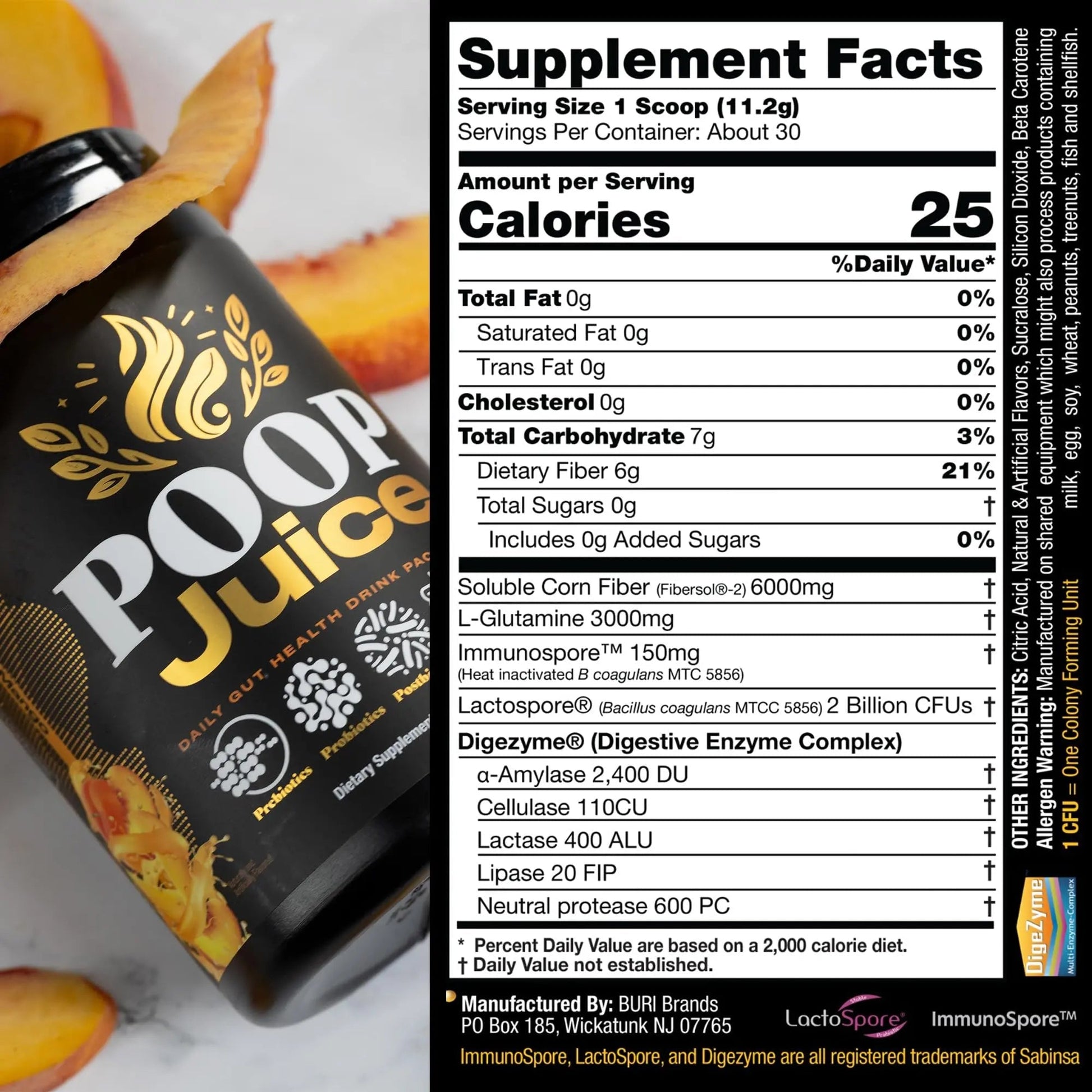 Poop Juice 5-in-1 Daily Fiber Supplement Powder - Bloat & Poop Relief - Prebiotic, Probiotic, Postbiotic, Digestive Enzymes, L-Glutamine - GLP-1 Support - Sugar-Free Georgia Peach Mango (30 Servings) - Maple Wellness Supplements