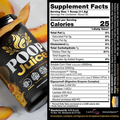 Poop Juice 5-in-1 Daily Fiber Supplement Powder - Bloat & Poop Relief - Prebiotic, Probiotic, Postbiotic, Digestive Enzymes, L-Glutamine - GLP-1 Support - Sugar-Free Georgia Peach Mango (30 Servings) - Maple Wellness Supplements