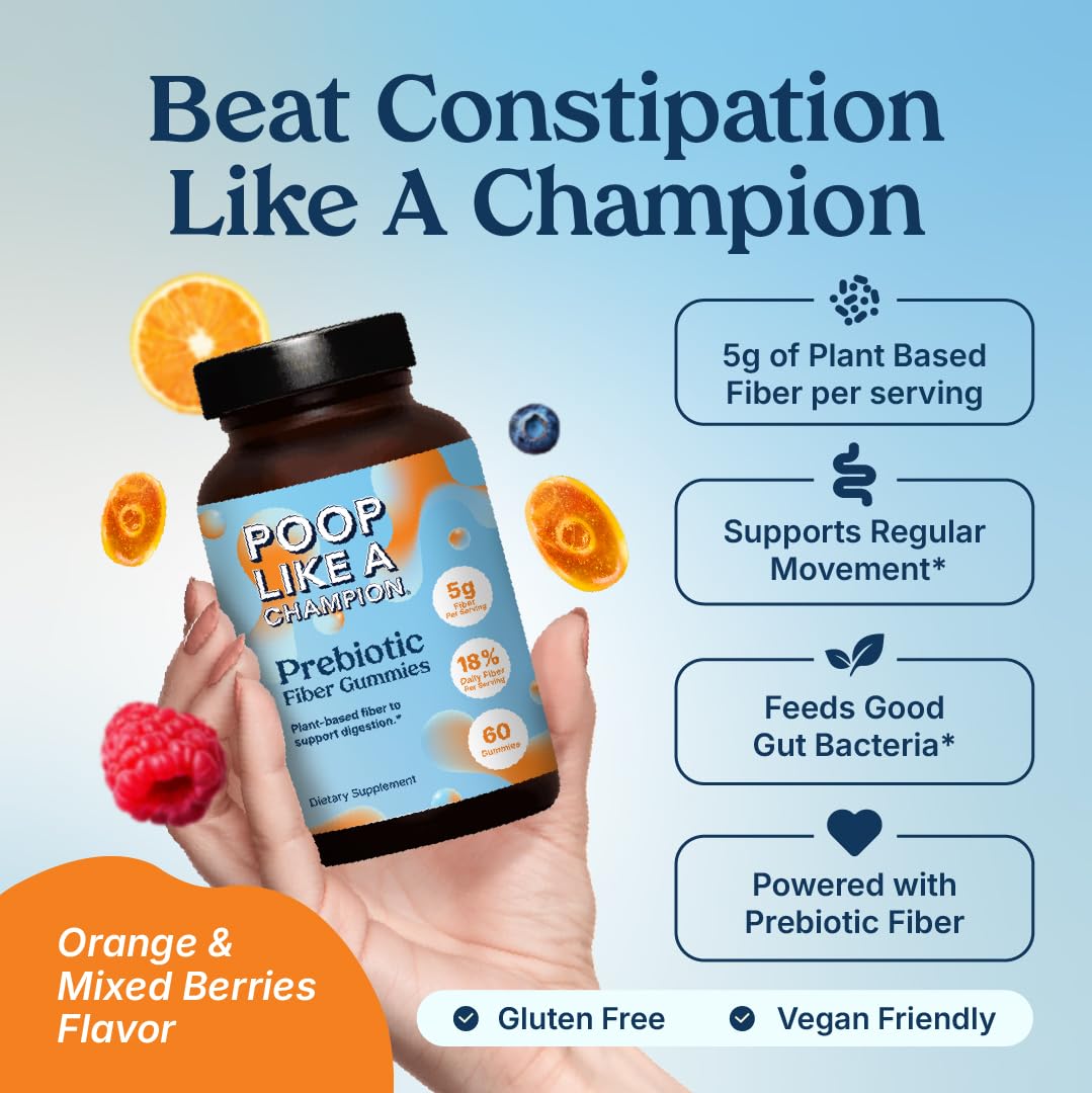 Poop Like a Champion Fiber Gummies – 5g Fiber per Serving, Non-GMO, Vegan, Digestive Support, 60 Pieces per Bottle - Maple Wellness Supplements