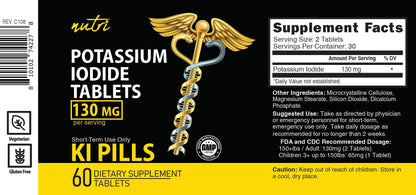 Potassium Iodide Tablets 130 mg - (60 Tablets) 10 Year Shelf-Life EXP 2034 to 2035 - Ki Pills - Yoduro de potasio - Nutri Supplements - 3rd Party Tested - Maple Wellness Supplements