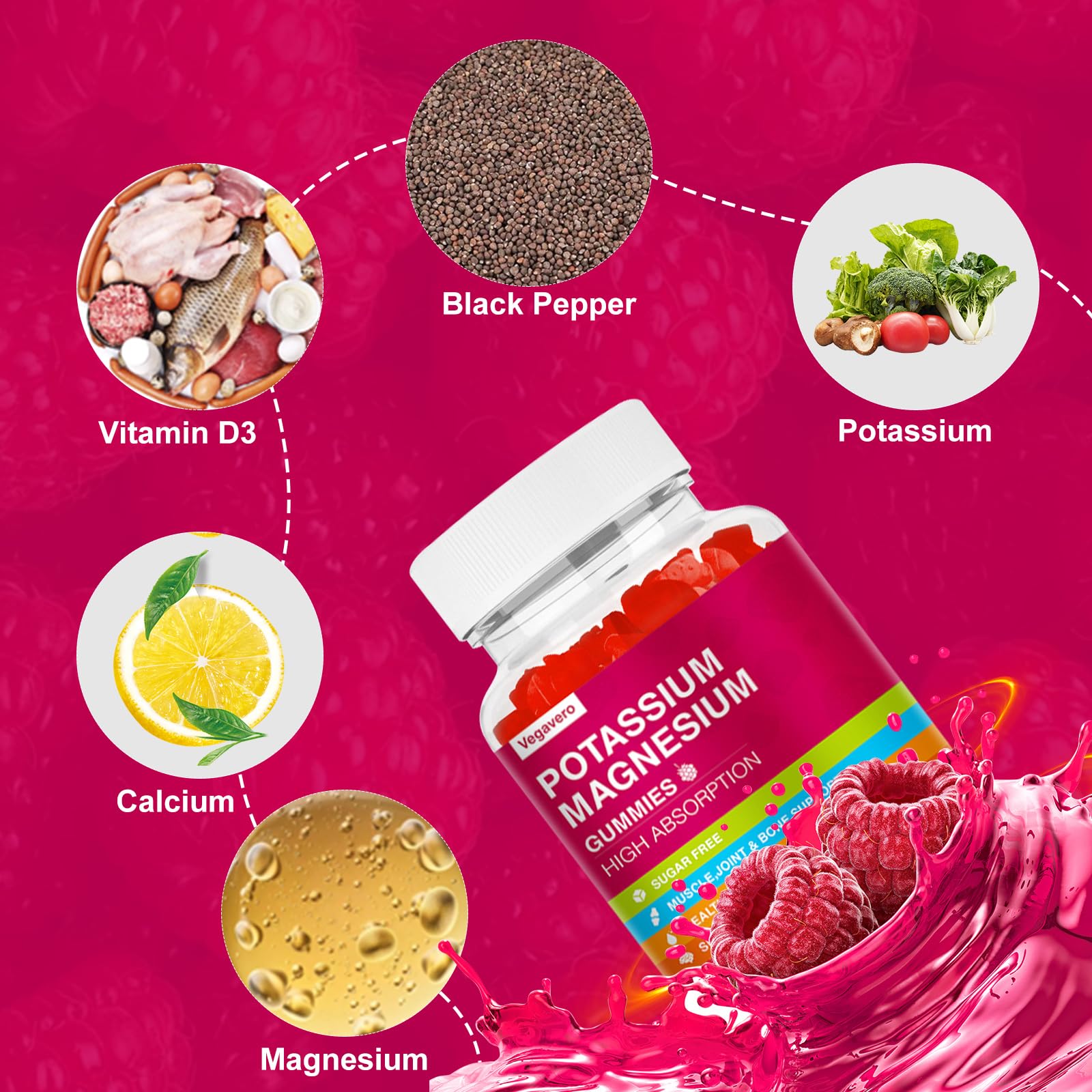 Potassium Magnesium Gummies - High Absorption Magnesium Glycinate & Potassium Citrate Plus Coenzyme Q10, DHA, D3, Mineral & Calcium for Zzz, Leg Cramps & Muscle - 60 Raspberry Gummies - Maple Wellness Supplements