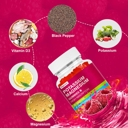 Potassium Magnesium Gummies - High Absorption Magnesium Glycinate & Potassium Citrate Plus Coenzyme Q10, DHA, D3, Mineral & Calcium for Zzz, Leg Cramps & Muscle - 60 Raspberry Gummies - Maple Wellness Supplements