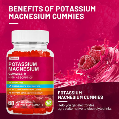 Potassium Magnesium Gummies - High Absorption Magnesium Glycinate & Potassium Citrate Plus Coenzyme Q10, DHA, D3, Mineral & Calcium for Zzz, Leg Cramps & Muscle - 60 Raspberry Gummies - Maple Wellness Supplements