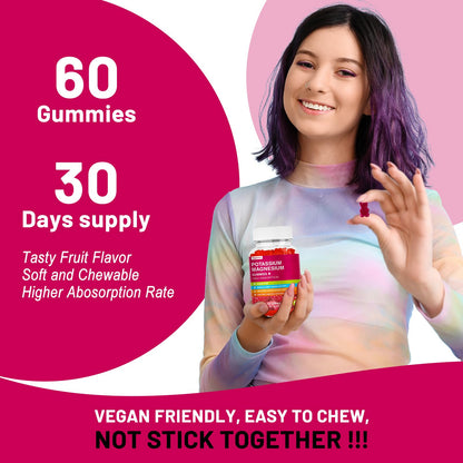 Potassium Magnesium Gummies - High Absorption Magnesium Glycinate & Potassium Citrate Plus Coenzyme Q10, DHA, D3, Mineral & Calcium for Zzz, Leg Cramps & Muscle - 60 Raspberry Gummies - Maple Wellness Supplements