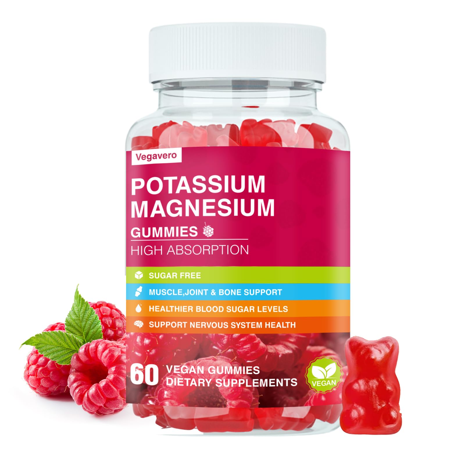 Potassium Magnesium Gummies - High Absorption Magnesium Glycinate & Potassium Citrate Plus Coenzyme Q10, DHA, D3, Mineral & Calcium for Zzz, Leg Cramps & Muscle - 60 Raspberry Gummies - Maple Wellness Supplements