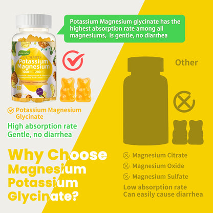 Potassium Magnesium Gummies,High Absorption Magnesium Glycinate,B6,D3,Potassium Citrate for Leg Cramps,Muscle,Electroyte for Adults Kids,Sugar-Free, 60 Gummies (Pineapple) - Maple Wellness Supplements
