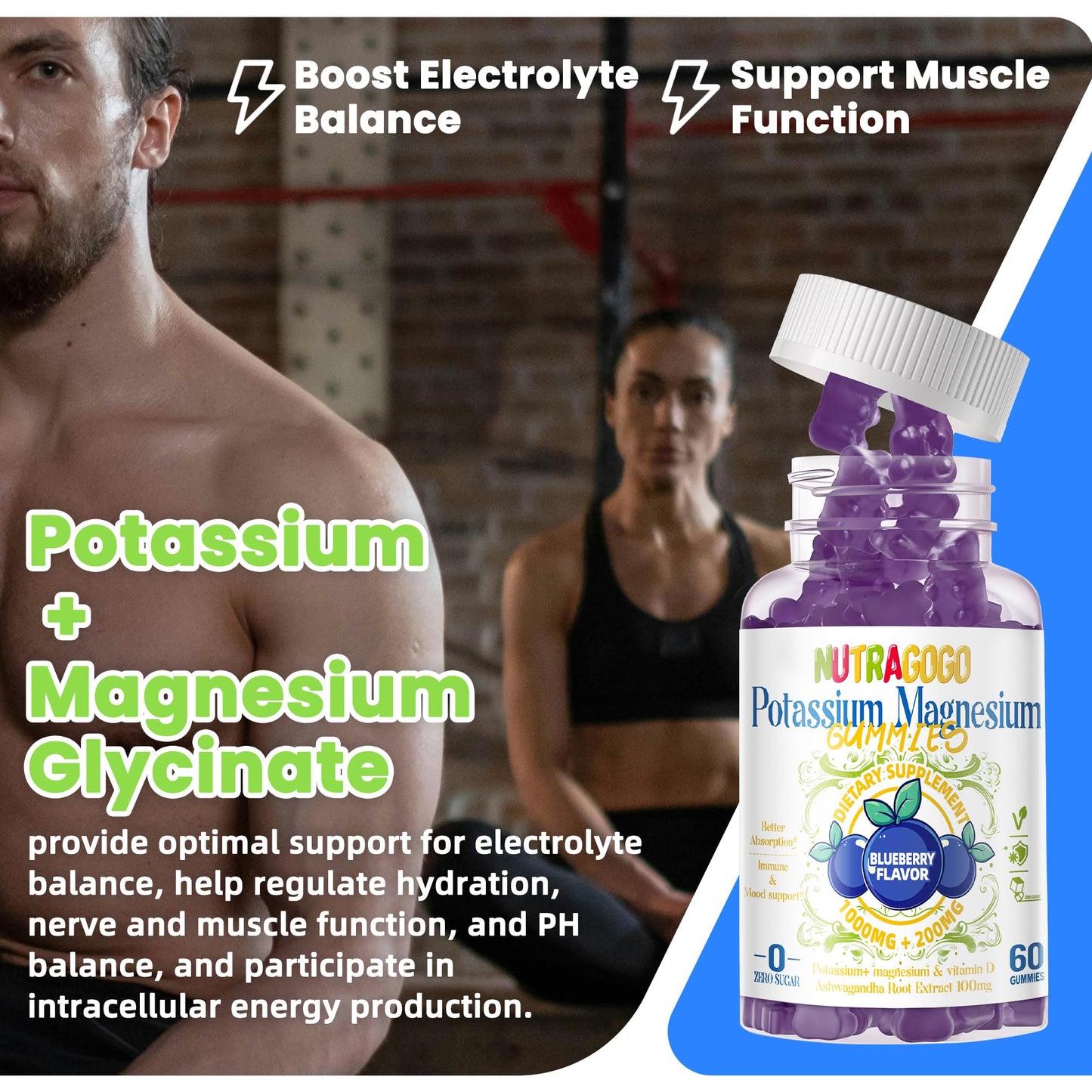 Potassium Magnesium Gummies,Potassium Supplement w/Ashwagandha,High Absorption Magnesium Glycinate,B6,D3,Potassium Citrate for Leg Cramps,Muscle,Electroyte for Adults Kids,Sugar-Free, 60 Gummies - Maple Wellness Supplements