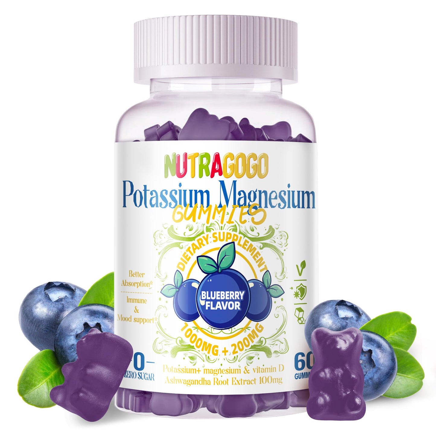 Potassium Magnesium Gummies,Potassium Supplement w/Ashwagandha,High Absorption Magnesium Glycinate,B6,D3,Potassium Citrate for Leg Cramps,Muscle,Electroyte for Adults Kids,Sugar-Free, 60 Gummies - Maple Wellness Supplements