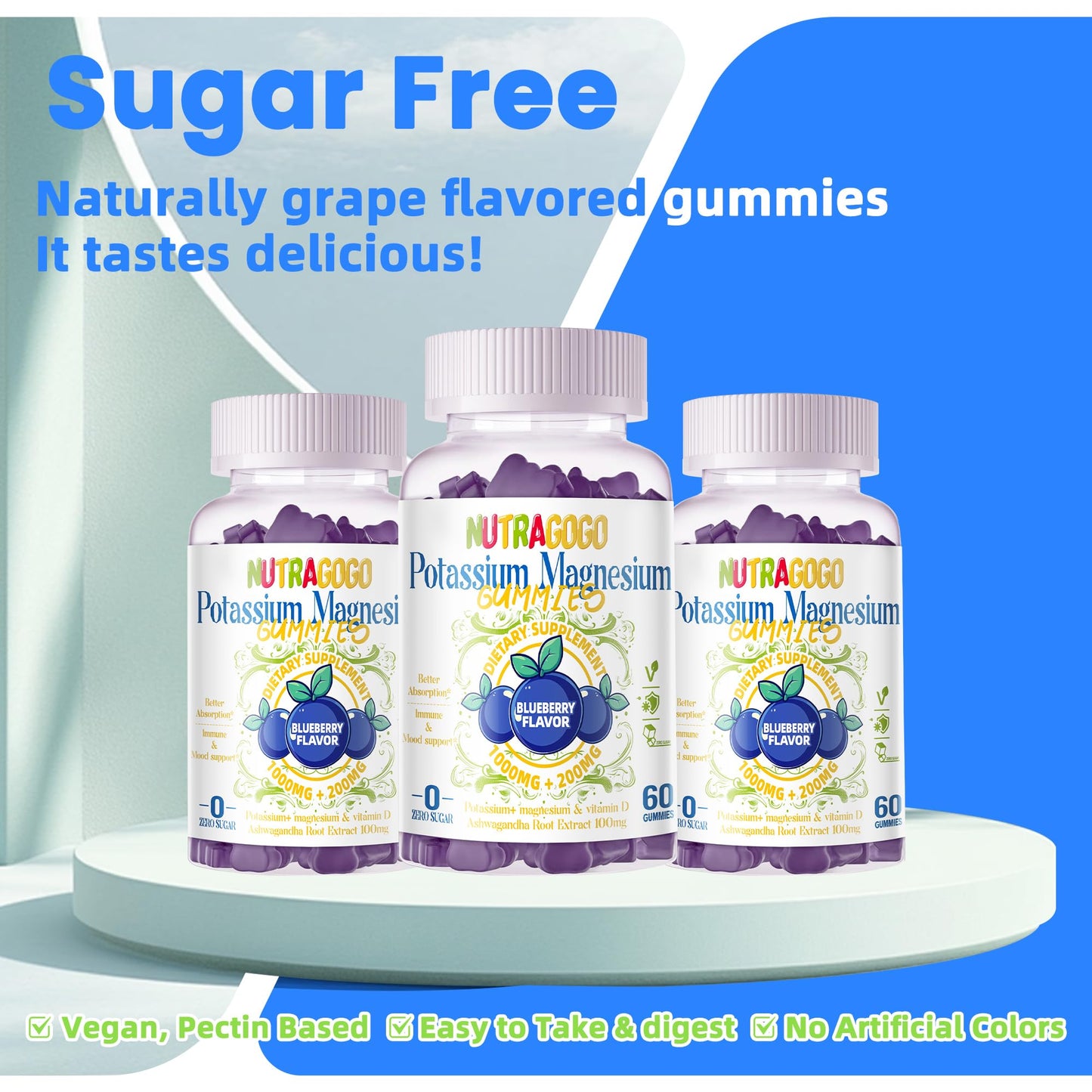 Potassium Magnesium Gummies,Potassium Supplement w/Ashwagandha,High Absorption Magnesium Glycinate,B6,D3,Potassium Citrate for Leg Cramps,Muscle,Electroyte for Adults Kids,Sugar-Free, 60 Gummies - Maple Wellness Supplements