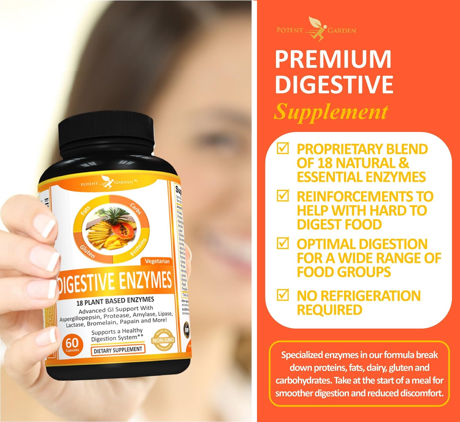 Potent Garden Digestive Enzymes -18 Plant Based Enzymes with amylase lipase bromelain Protease lactase & Other Enzymes - One Pre Meal Pill Supports Healthy - Maple Wellness Supplements