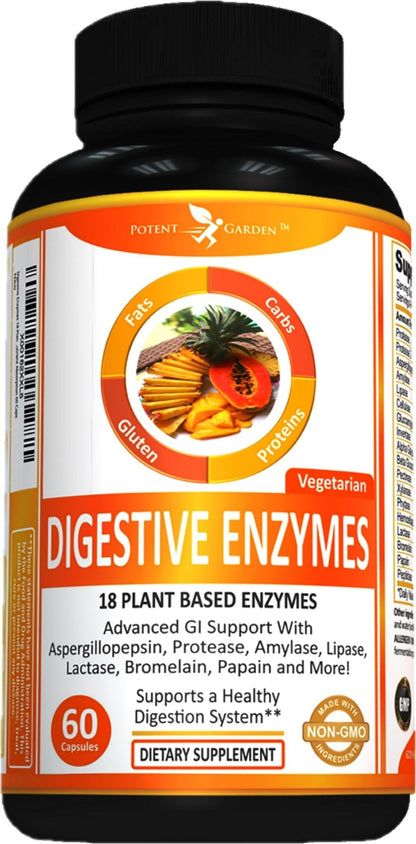 Potent Garden Digestive Enzymes -18 Plant Based Enzymes with amylase lipase bromelain Protease lactase & Other Enzymes - One Pre Meal Pill Supports Healthy - Maple Wellness Supplements
