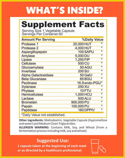 Potent Garden Digestive Enzymes -18 Plant Based Enzymes with amylase lipase bromelain Protease lactase & Other Enzymes - One Pre Meal Pill Supports Healthy - Maple Wellness Supplements