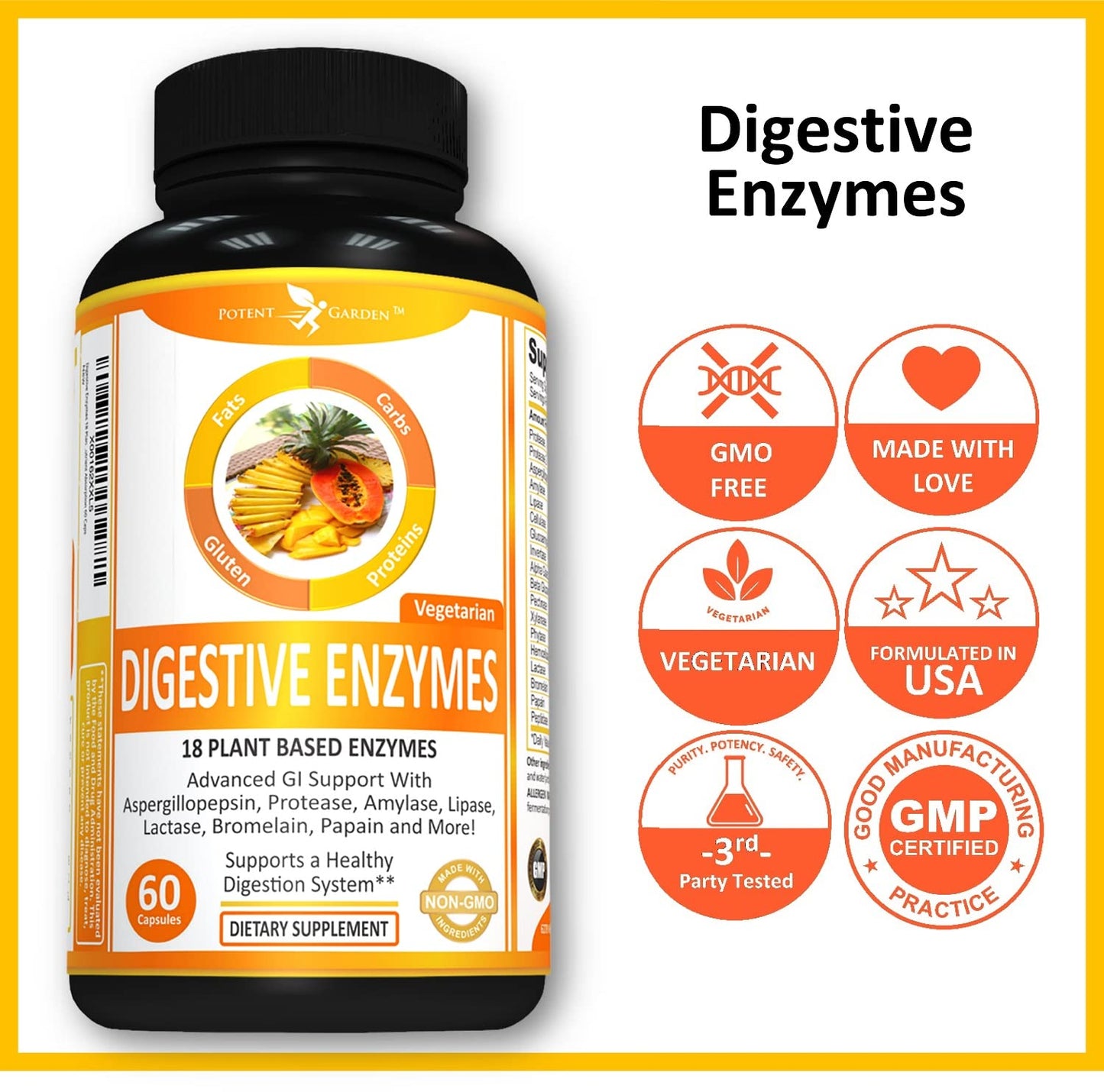Potent Garden Digestive Enzymes -18 Plant Based Enzymes with amylase lipase bromelain Protease lactase & Other Enzymes - One Pre Meal Pill Supports Healthy - Maple Wellness Supplements