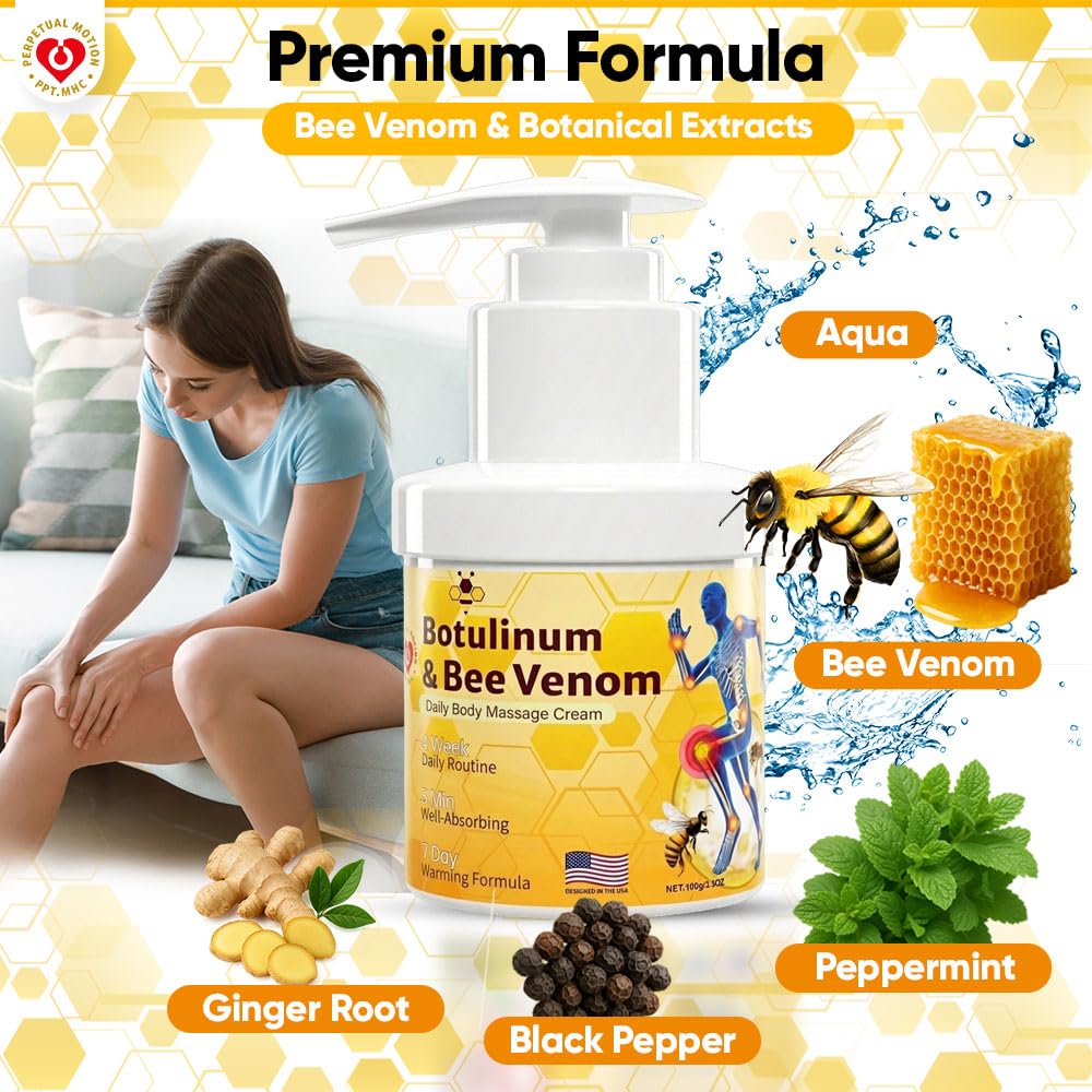 PPT.MHC Bee Venom Warming Cream with Pump - Massage Body Rub with Ginger, Peppermint & Black Pepper - Premium Bee Venom Lotion for Back, Legs & Feet - Everyday Non-Greasy 3.5oz Cream - Maple Wellness Supplements
